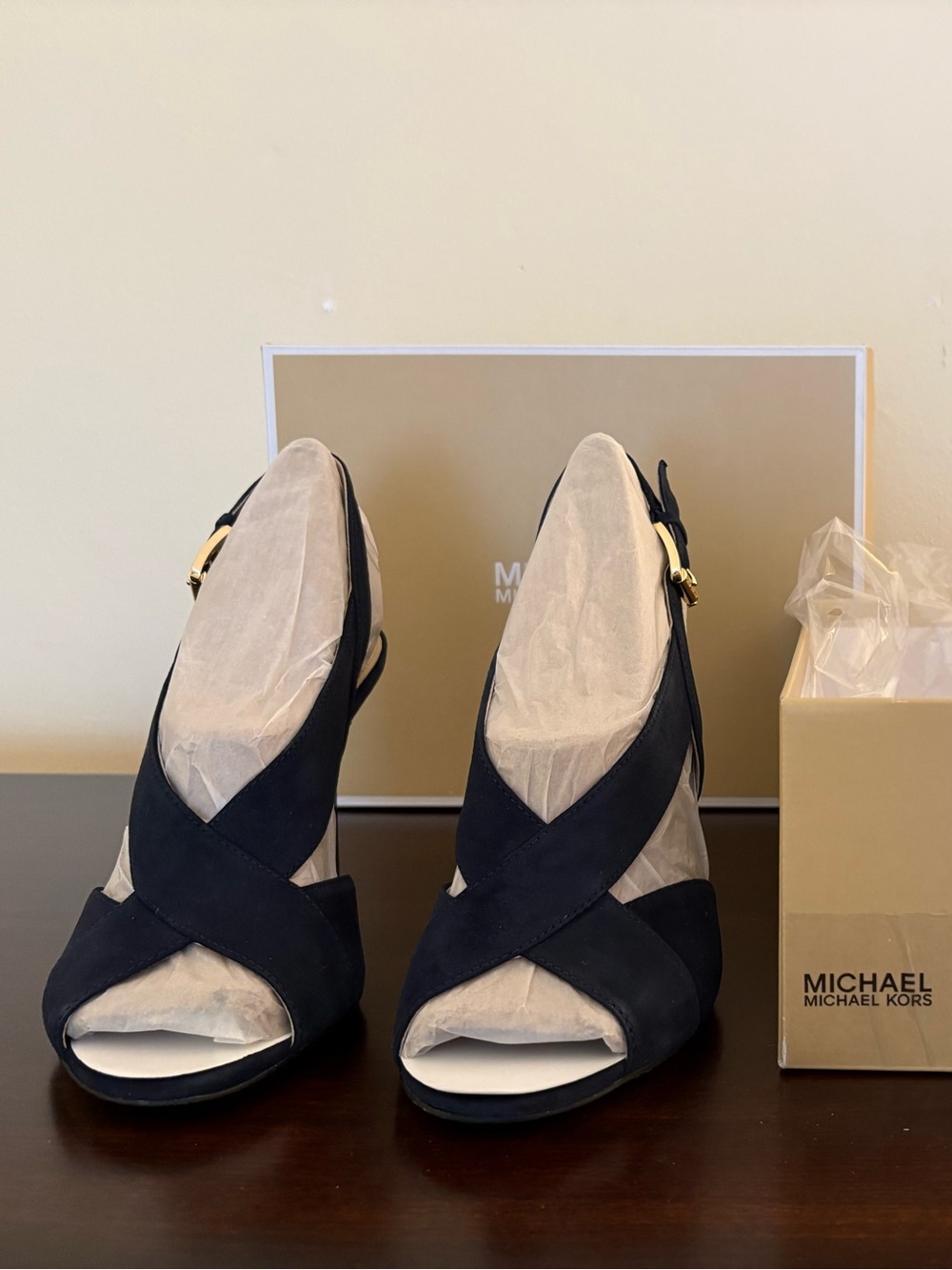 Michael Kors Navy Crisscross Suede Slingback Peep Toe Heels 4 1/4 inch